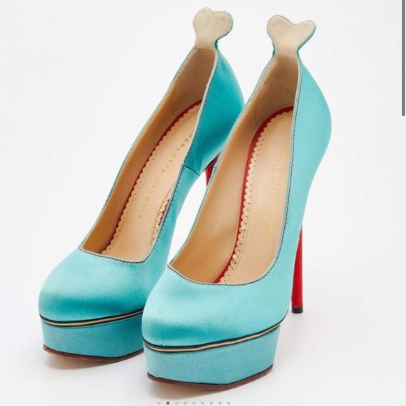 Charlotte Olympia Turquoise/Red Satin Josephine Platform Pumps Size 37.5 - Picture 2 of 12